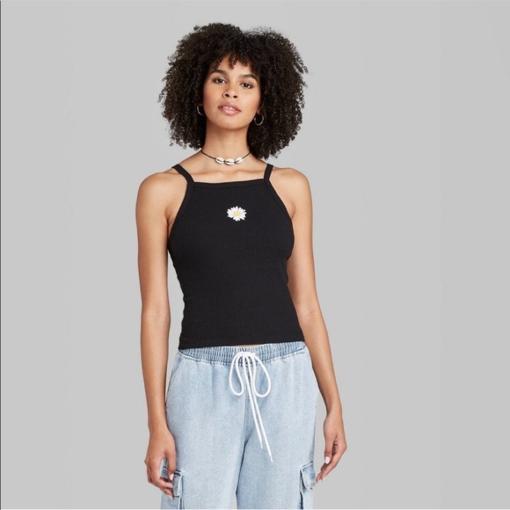 Black Daisy Embroidered Tank Top
